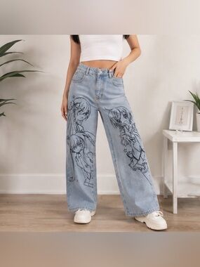Anime Character Graphic Wide Leg Jeans Y2K Light Wash Denim XS - new